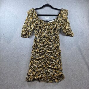 ASTR The Label Floral Ruched Mini Dress Yellow Black Ruffle Puff Sleeve XS